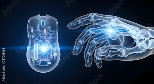 Transparent human hand holding a computer mouse in glowing blue X-ray style on a dark background