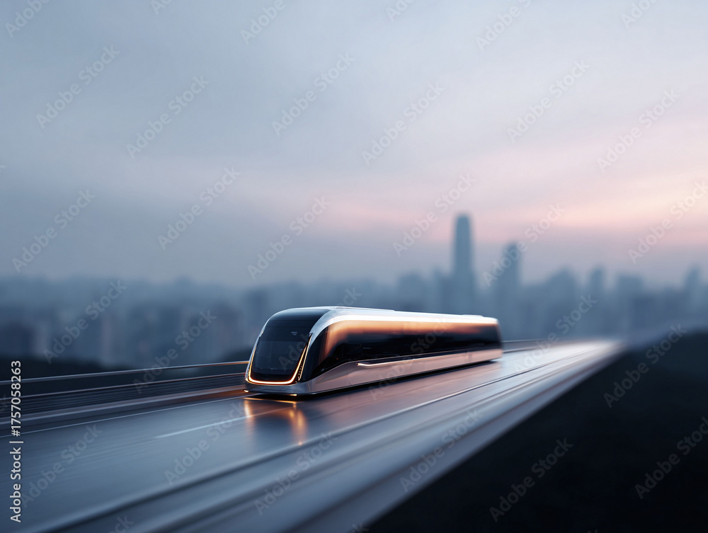 Obraz premium Sleek, futuristic train gliding through a modern cityscape at dusk. Symbolizes innovation, speed, and transportation of the future. Ideal for tech, travel, and design.
