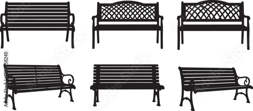 Six Black Silhouettes of Park Benches on White outdoor furniture