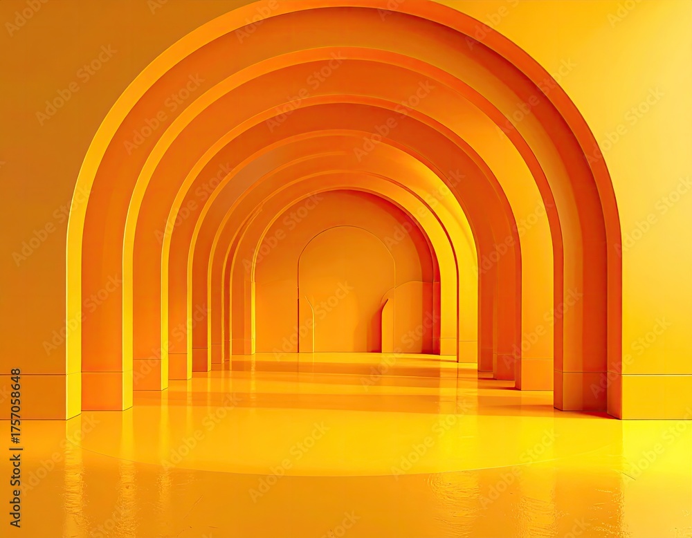 Fototapeta premium Yellow arched hallway, perspective view, glossy floor