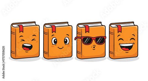 Cheerful books with faces and sunglasses ready for an exciting adventure in learning, perfect for children's educational materials and engaging young minds with the joy of reading