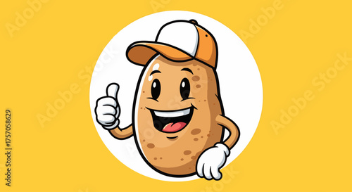 Cheerful potato cartoon character giving a thumbs up on a sunny yellow background, perfect for food branding, kids products, or playful health campaigns, vibrant and engaging