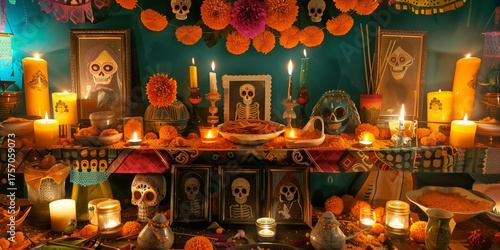 day of the dead cemetery with candles and marigolds