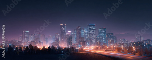 Luminous cityscape at night. Skyscrapers sparkle against the dark sky, with trails of light below. Ideal for urban development, progress, and modern finance.