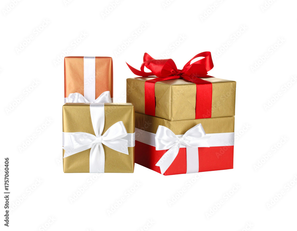 Obraz premium Red ribbons and bows decorate a wrapped red gift box