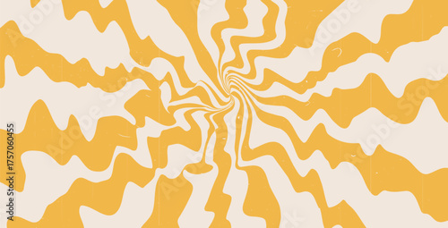 Grunge wrinkled paper textured rough starburst background wall. Retro spiral yellow sun rays abstract distressed illustration. Vector wavy retro decoration. Radial carnival stripes vintage backdrop.