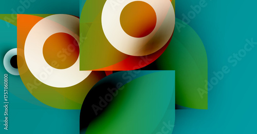 Abstract geometric composition. Overlapping circles, rectangles create vibrant visual experience. Colors blend, contrast nicely.