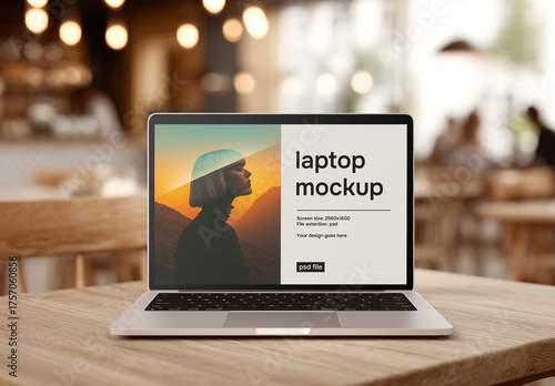 Front view laptop mockup in a restaurant or cafe mockup