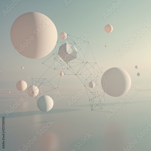 Geometric Abstraction Soft Pale Tones Spheres and Wireframe Design