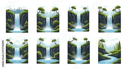 Serene Waterfall Scenery Set Lush Greenery and Flowing Water