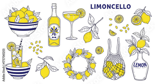 Limoncello illustration featuring lemons, bottle, glass, and various arrangements, showcasing the essence of the italian liqueur