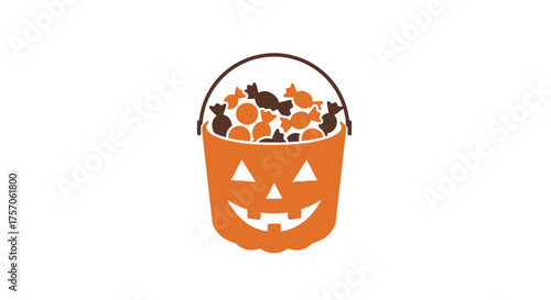 Bright orange jack-o'-lantern halloween candy bucket overflowing with assorted sweets and treats ready for trick-or-treating fun isolated on white background