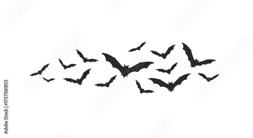 Scattered flock of silhouette bats flying mysteriously across a clear expanse representing halloween or spooky themes isolated on white background