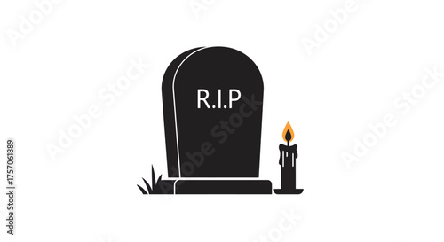 Tombstone with rip inscription and flickering candle representing death remembrance and solemn commemoration a poignant symbol of eternal rest and memory. isolated on white background