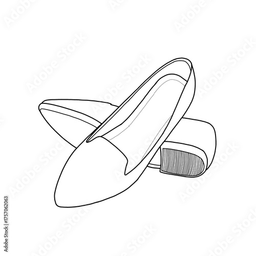 A simple black and white line drawing of a pair of womens flat shoes. Front and bottom view. This minimalist illustration showcases a classic and elegant footwear design, perfect for fashion concepts.