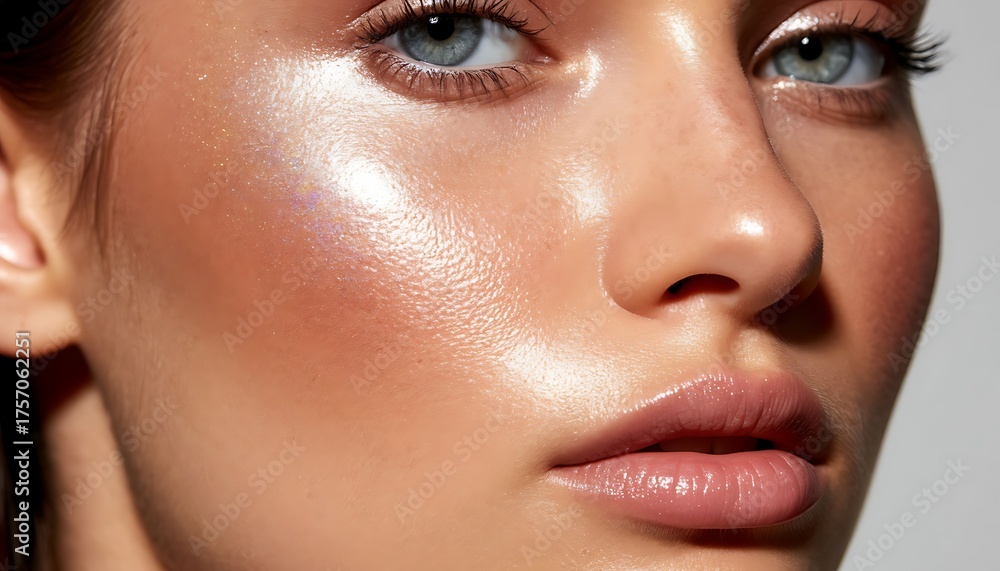 Naklejka premium Woman's close-up portrait featuring healthy dewy skin with shimmering highlights, bright eyes, and glossy lips, emphasizing natural beauty