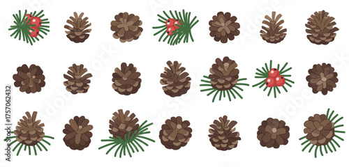 Decorative flat set of pine cones with branches and red berries. Winter forest collection for Christmas and New Year decorations. Coniferous cones, botanical illustration on white background.
