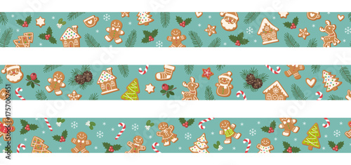 Christmas seamless borders with gingerbread cookies, pine cones, mistletoe, holly, candy canes, and snowflakes. Festive horizontal pattern with Christmas botanic and sweets for holiday decor.