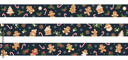 Christmas seamless borders set with gingerbread cookies, Santa, candy canes, holly, mistletoe, pine cones and snowflakes on dark background. Festive horizontal pattern for wrapping, cards and decor.