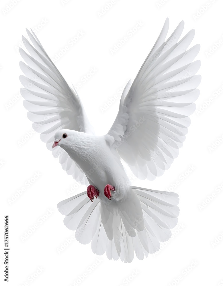 Fototapeta premium A pristine white dove, wings gracefully outstretched, isolated against a clean, bright white backdrop, ready for flight