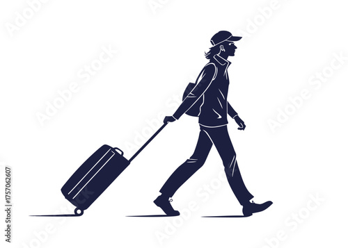 traveler walking silhouette :  with rolling suitcase and backpack, solo commuter on the move