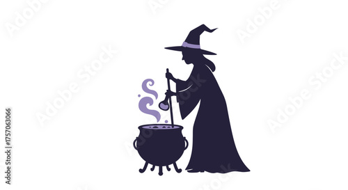 Silhouette of a witch stirring a cauldron with smoke rising symbolizing magic potions and halloween spells for spooky celebrations and occasional design isolated on white background