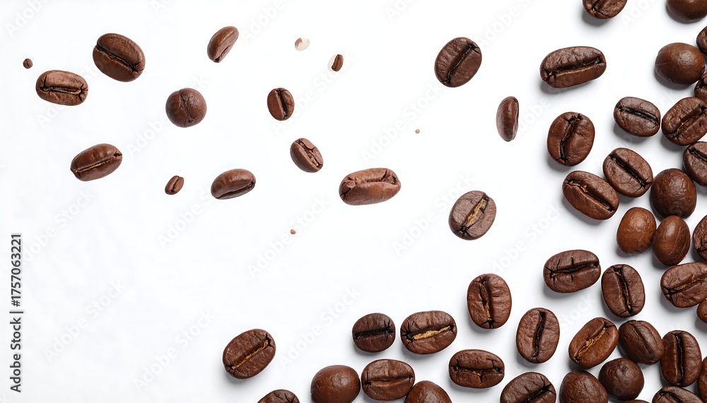 Obraz premium Overhead shot of roasted coffee beans scattered on a clean, white surface