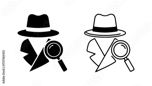 Detective icon with magnifying glass and hat with transparent background