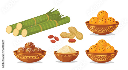 Lohri festival elements sugar cane, peanuts, sesame seeds, and laddu sweets in bowls, representing the harvest season