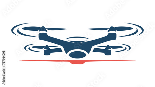 Modern quadcopter drone with spinning propellers and red lights hovering