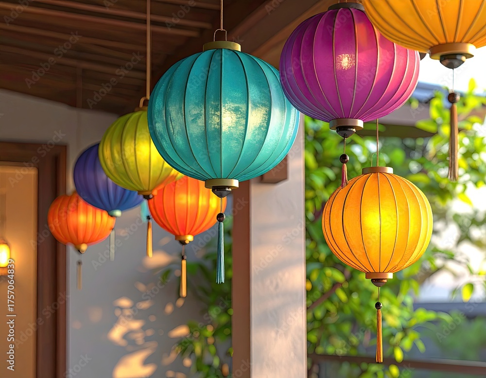 Obraz premium Vibrant lanterns glow, hanging from a roof in outdoor setting