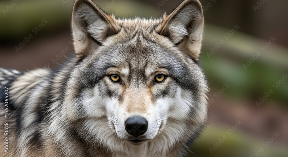 Fototapeta premium Intense close up headshot portrait of a gray wolf looking directly at the camera wildlife predator 