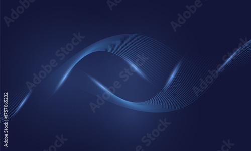 Abstract dark blue vector background with glowing blue wavy lines.