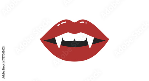Open red lips with sharp white vampire fangs baring teeth symbolizing scary halloween horror or gothic romance and allure isolated on white background
