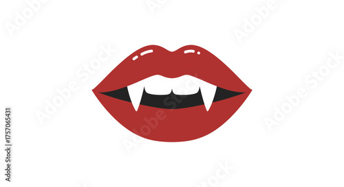 Sensual red vampire lips with sharp fangs baring teeth showing a mysterious and alluring halloween or gothic theme with a bite isolated on white background