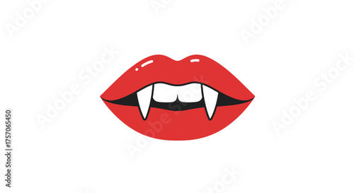 Captivating red lips with sharp vampire fangs baring teeth emitting a mysterious alluring aura for halloween or gothic themes isolated on white background