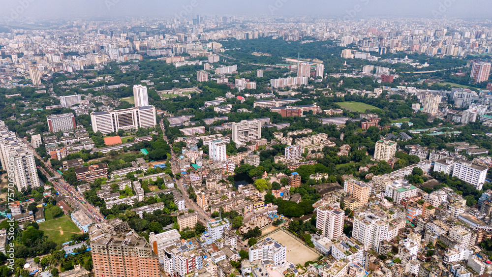 Fototapeta premium Aerial view of a densely populated old Dhaka with many buildings . Dhaka formerly spelled as Dacca, is the capital and largest city of Bangladesh