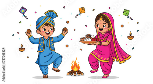 Joyful lohri celebration illustration, depicting a boy and girl dancing around a bonfire with kites and traditional sweets