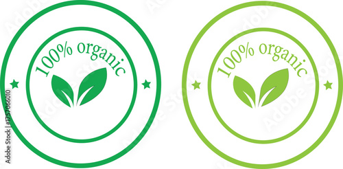 "100% Organic" vector labels with a leaf icon in green and parrot versions. Set of circular badges or stickers for certified organic food and natural products. Eco-friendly and bio product seals 