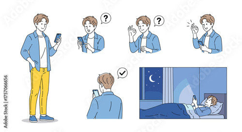 Man using smartphone in different situations, including communication, problemsolving, and nighttime usage, showcasing modern tech