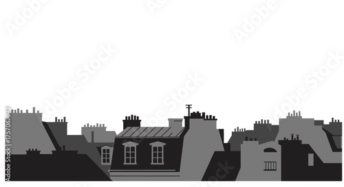 Charming european city rooftop panorama monochrome subtle architectural details residential buildings and chimneys isolated on white background