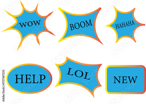 Comic speech bubbles with expressions: HELP, LOL, OH NO, BOOM, YEAH, SMASH, BANG, HELLO, NEW	