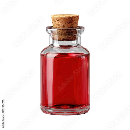 Isolated Transparent Glass Bottle with Red Liquid and Cork Stopper