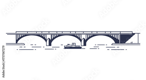 Historic stone bridge with arches crossing a river and reflecting in the water below architectural detail isolated on white background