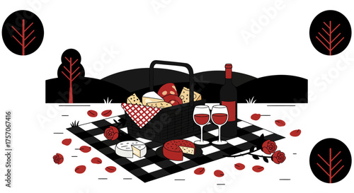 Elegant wine tasting setup with cheese and grapes on a picnic blanket with decorative motifs suggesting a festive atmosphere for celebrations isolated on white background