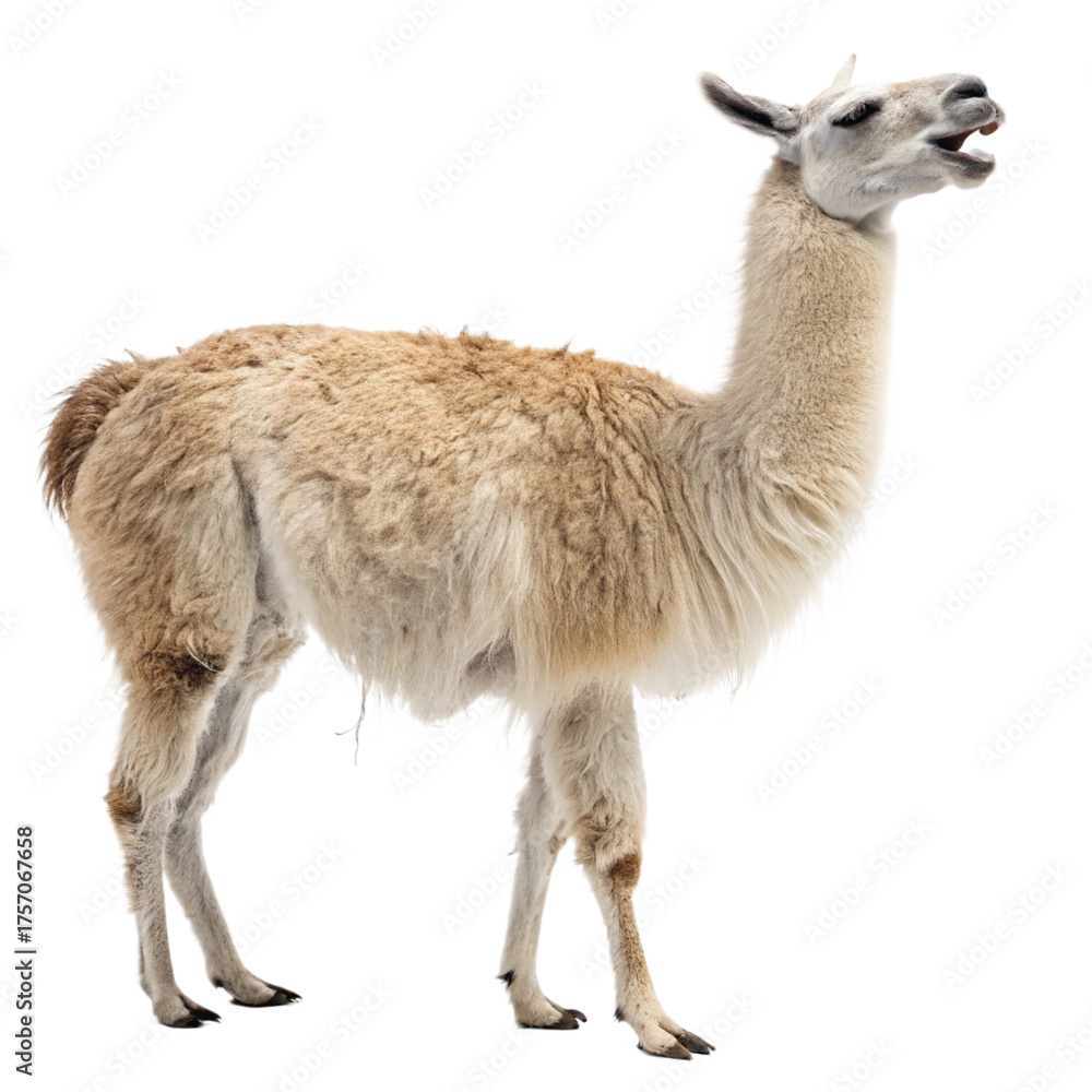 Obraz premium Majestic llama gracefully walking, showcasing its fluffy coat and gentle profile, perfect for nature and South American themes. 
