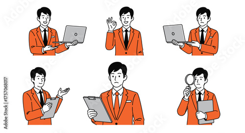 Set of business man illustrations with laptop, magnifying glass