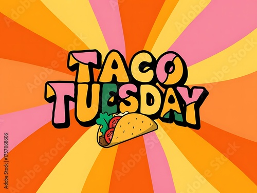 Colorful Taco Tuesday illustration with retro burst background design vector