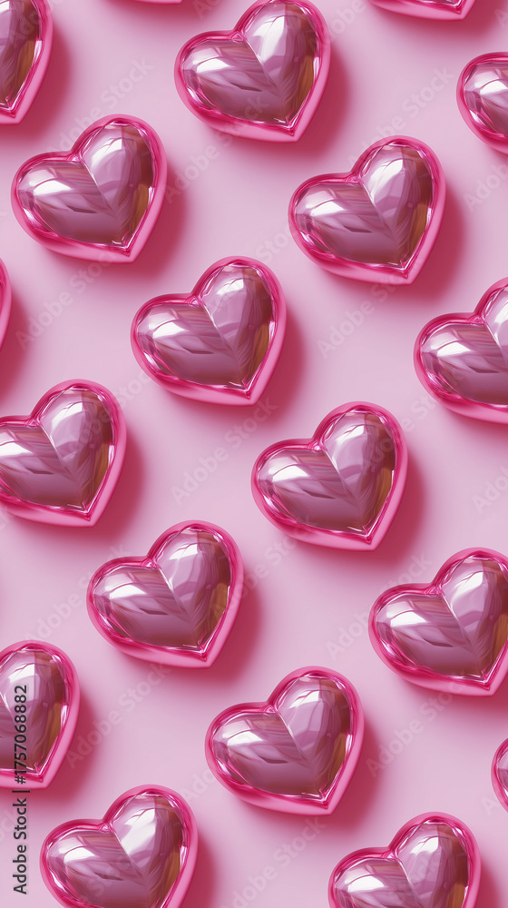 Obraz premium Evenly spaced rows of metallic pink hearts on a pastel background.