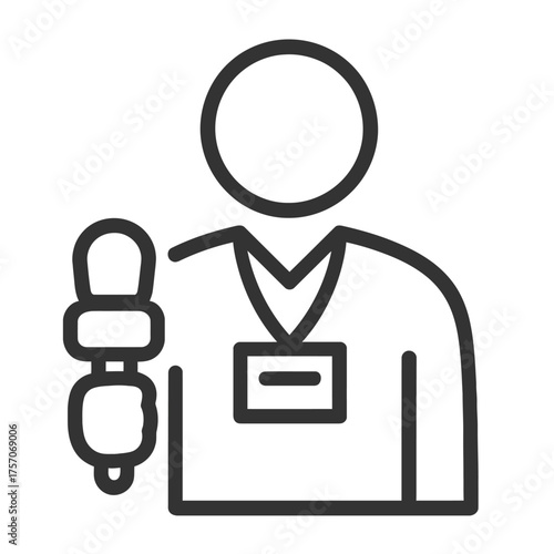Journalist holding microphone with id badge icon for media and reporting.
